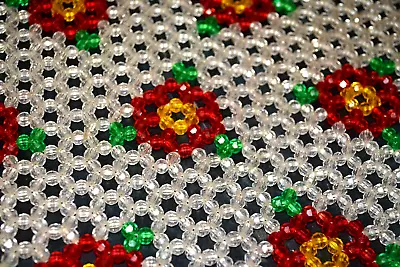 Vintage Beaded Acrylic Holiday Hexagon Doily Christmas Red Green White Mat 16  • $14.99