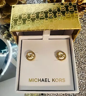 MICHAEL KORS MK Logo Yellow Gold Tone Stud Earrings MK Logo Crystals MKJX7865710 • $69.95