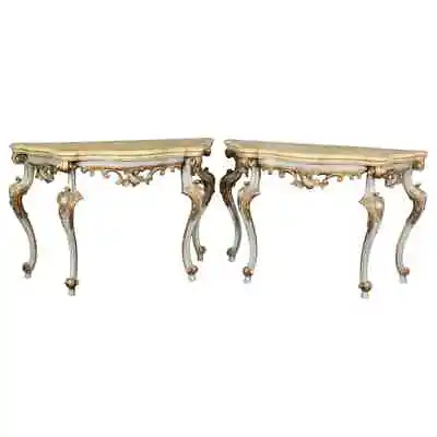 Pair Carved Paint Decorated Italian Rococo Faux Marble Top Console Tables • $7495