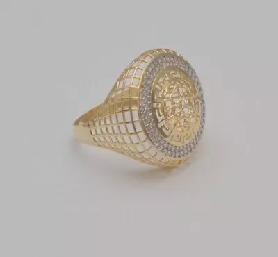 14k Yellow Gold Square Mesh And Greek Design With Clear  Stones Ring DR4 • $279.91