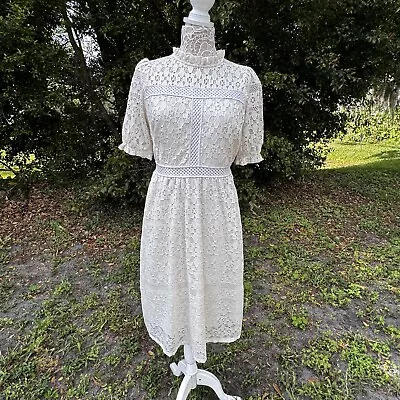 MONTEAU Los Angeles Short Sleeve Cottagecore Cream Lace Puff Sleeve Dress Size L • $30