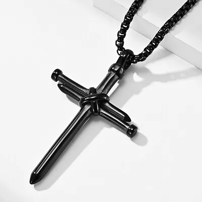 Men Women Jesus Nail Rope Cross Pendant Necklace Stainless Steel Chain Black • $10