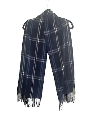 NWT CEJON Italian Scarf Navy Blue White Blue Plaid Classic Fringe #1725 • $8.83