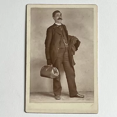 Antique Cabinet Card Photograph Mustached Man Doctor Bag Occupational Actor? • $34.95