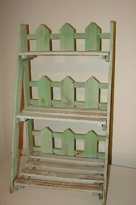 3 Shelf Ladder Picket Rack Aqua Green Wood Cottage Farm Vintage Kitchen • $145