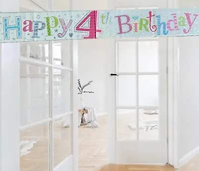 9ft Happy 4th Birthday Multicoloured Foil Party Banner. 4th Party Decorations • £2.75