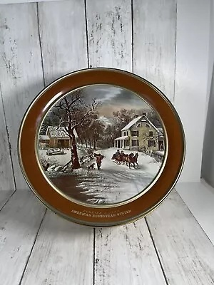 Vintage Holiday Fruit Cake Tin Currier And Ives Tin American Homestead Winter • $14.99