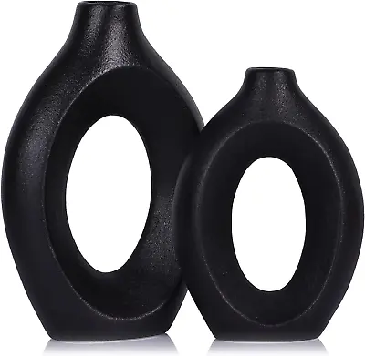 Black Vase Set Of 2 Modern Hollow Matte Black Ceramic Vase Boho Ins Style Deco • $49.78