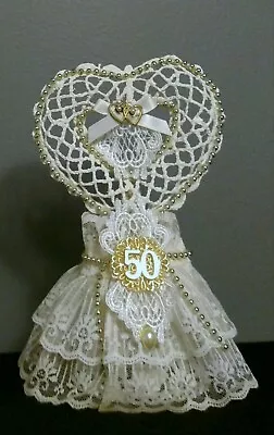 LILLIAN ROSE Cake Topper ~ 50th ANNIVERSARY ~ VTG Look Gold Beads Lace Pearls • £4.62