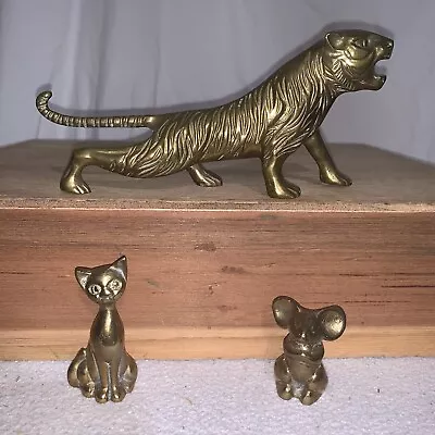 Vintage Metal Solid Brass Tiger Cat Mouse 3 Statue Lot. $80..OBO • $80