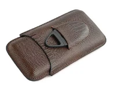 Brown Leather Lizard Embossed 3 Tube Cigar Case & Plastic Cutter Set • $22.99