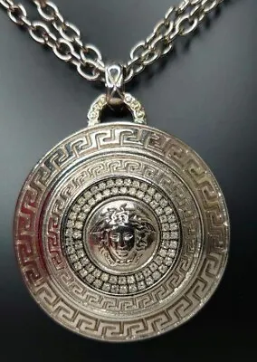 Vintage Versace Stone Round Medusa Silver Tone Necklace Pendant Top • $469