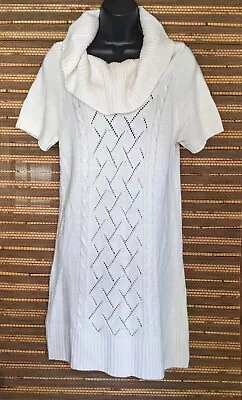 Womens XS 2-4 Ivory Cream White Cable Knit Cowl Neck Short Sleeve Sweater Dress • $10