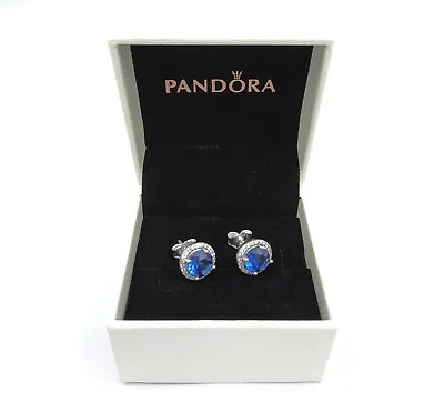 Pandora Sparkling Earrings Genuine  ROUND BLUE ALE Silver Original Gift Box Stud • £23.99