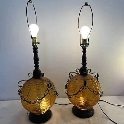 Vintage Midcentury Hollywood Regency Table Lamps Amber Madmen Era • $199.99