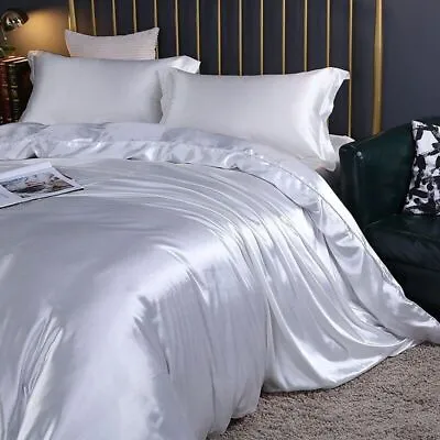 Mulberry Silk Satin Bedding Sets Duvet Cover Fitted/Flat Bed Sheet Pillowcases • £158.88