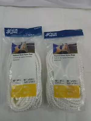 Blue Hawk 5/16-in X 50-ft White Diamond Braided Nylon Rope-0349210-LOT OF 2 PACK • $24.99