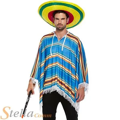 Blue Mexican Poncho Mens Cowboy Bandit Stag Do Accessory Fancy Dress Costume • £10.99