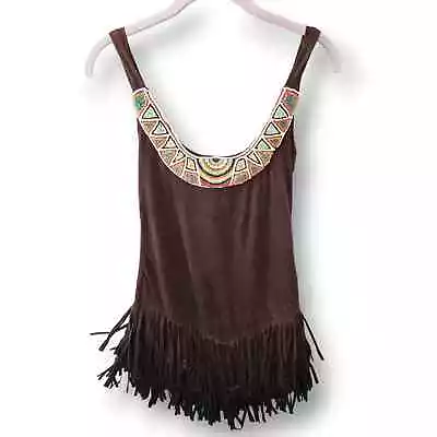 Brown Suede Velvet Fringe Western Rodeo Beaded Mini Dress S Pocahontas Native • £24.32