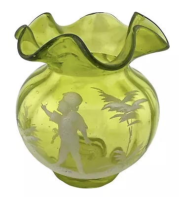 Antique Ruffle Edge Vase Green Handblown Glass Enameled MARY GREGORY Boy & Trees • $26.95