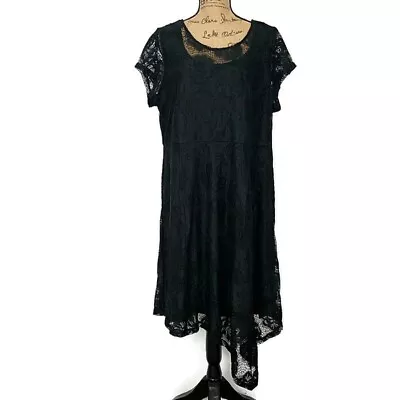 Ellos Womens Sz 22 Dress Black Lace Asymmetric Hem Knee Length Short Sleeve • $15.98