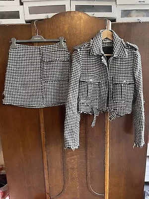 J.W. ANDERSON White Black Wool Dogtooth Biker Jacket & Mini Skirt Suit Set Small • £450