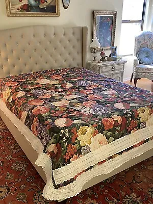 1970's Vintage Handmade Quilt Top Queen Full Bedspread Bed Cover W/ Lace Eyelet • $33