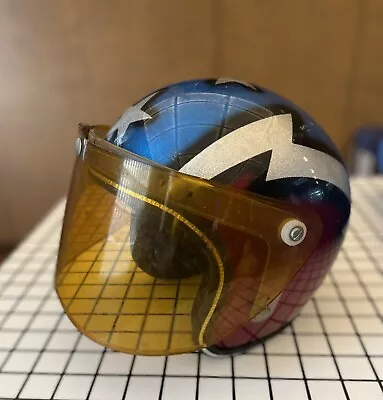 VINTAGE 70's Silver Blue And  Flake  Stars And Bolts Glitter Motorcycle Helmet • $100