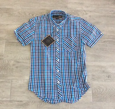 Mens Merc London Short Sleeve Check Shirt In Blue Salute Size Xs • £27.50