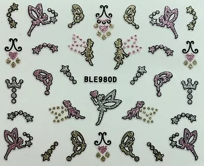 Nail Art 3D Glitter Decal Stickers Fairy Magic Wand Pink Butterfly BLE980D • $3.09