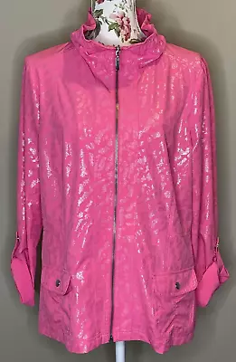 Laura Ashley Womens Sz L Bright Pink Shiny Cheetah Animal Print Full Zip Jacket • $8