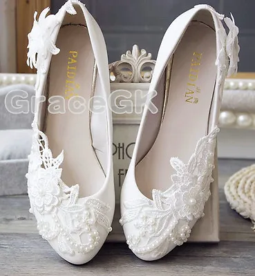 Lace Gem White Ivory Crystal Wedding Shoes Bridal Flats Low High Heel Pump Size  • $29.99