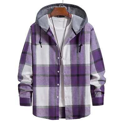 Men's Plaid Hoodie Flannel Shirt Jacket Long Sleeve Casual Fashion Button Shirts • £22.67