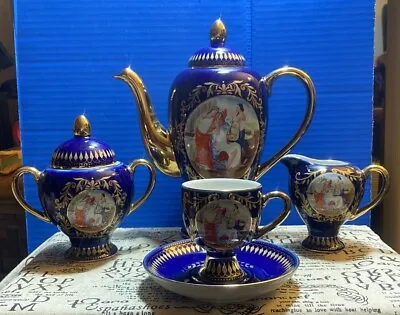 Limoge Cobalt Blue Gold Three Graces Coffee 15 Pcs Set Porcelain  • £237.54