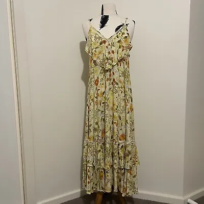$170 • Buy SPELL Sayulita Stunning Yellow Floral Frill Sleeveless Maxi Dress S XS LIKE NEW