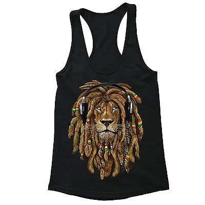 Rasta Lion Of Judah Racerback Headphones Jamaican Rastafari Zion Bob Marley Tank • $16.49