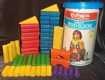 Vintage 1976 Playskool Colored Wooden Blocks W Storage Can & Lid 61 Blocks #645 • $14.99