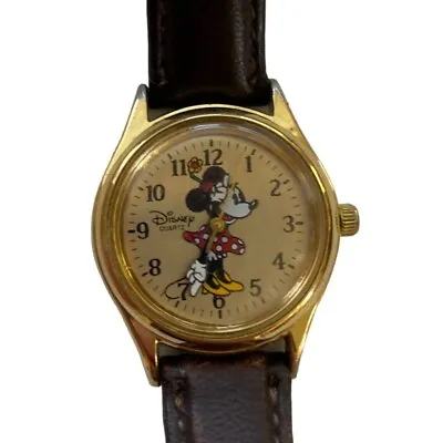 Disney Time Works Watch Minnie Mouse Womens Leather Brown Band Gold Tone • $14.95