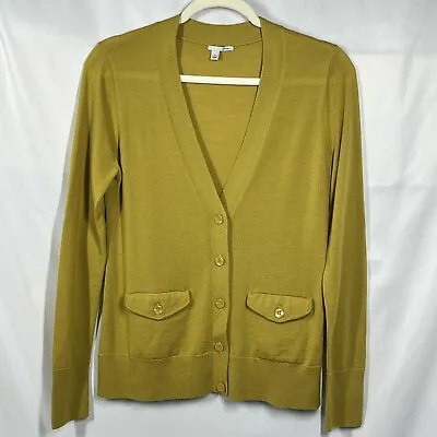 Halogen Women's M 100% Merino Wool V-Neck Button Cardigan Pockets Mustard Yellow • $11.39