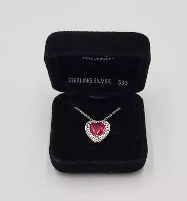 MACY'S FINE JEWELRY Necklace 18  Sterling Silver Red Crystal Heart Pendant NIB • $37