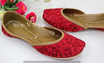 US Red Bridal Flats Wedding Shoes Indian Punjabi Jutti For Women Mojari HH455 • $44