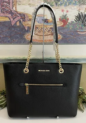 Michael Kors Jet Set Medium Front Zip Chain Tote Bag Purse Mk Black Leather Gold • $137.99