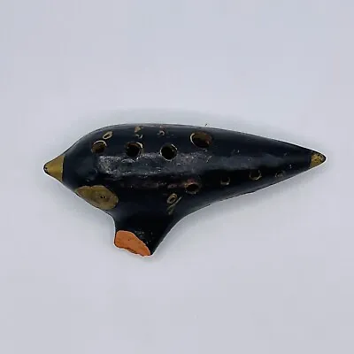 Vintage Ocarina FIEHN Made In Austria Black Ceramic 5.5” Gold Color Paint **READ • $34.90