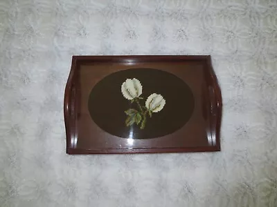 Sudberry 8.5  X 12.5  HARDWOOD Handled SERVING TRAY W/Glass Covered NEEDLEPOINT • $35