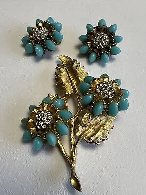 Har Signed Vintage Turquoise And Rhinestone Brooch & Earrings • $123.50