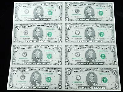 1995 $5  Federal Reserve Note - Uncut Sheet Of 8 - Lucky Money Serial # 8888 UNC • $51.01