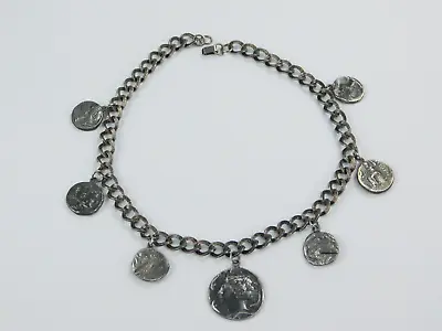 Vintage Silver Tone Roman Coin Charm Pendant Necklace 18.5  Long Statement • $39.99