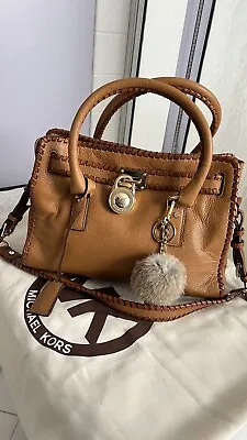 Michael Kors Hamilton Braided Tan Leather Satchel Bag With Pompom Bag Charm • $59