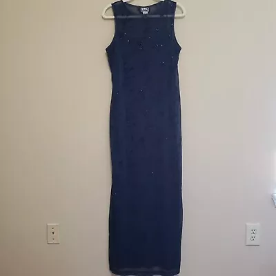 Vintage City Triangle Prom Maxi Dress Y2K Navy Blue Sparkly Glitter Sheer Large • $28