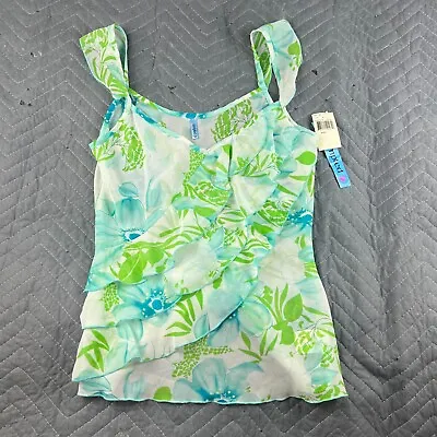 Vintage Tempted Blouse Womens Large Sleeveless Top Green Blue Ruffles NWT • $18.24